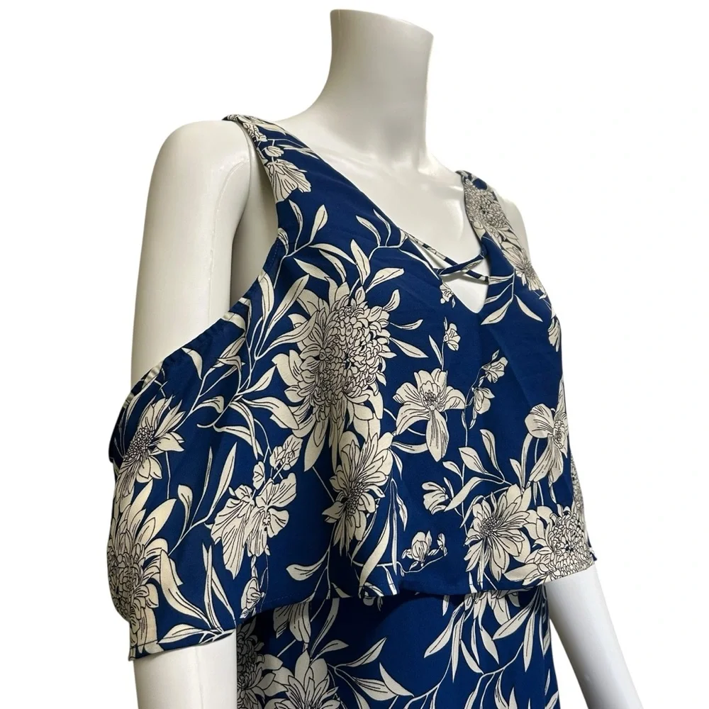 DEX Cold Shoulder Maxi Dress Blue Dahlia Floral Tiered Ruffle V-Neck Size M - Picture 3 of 11